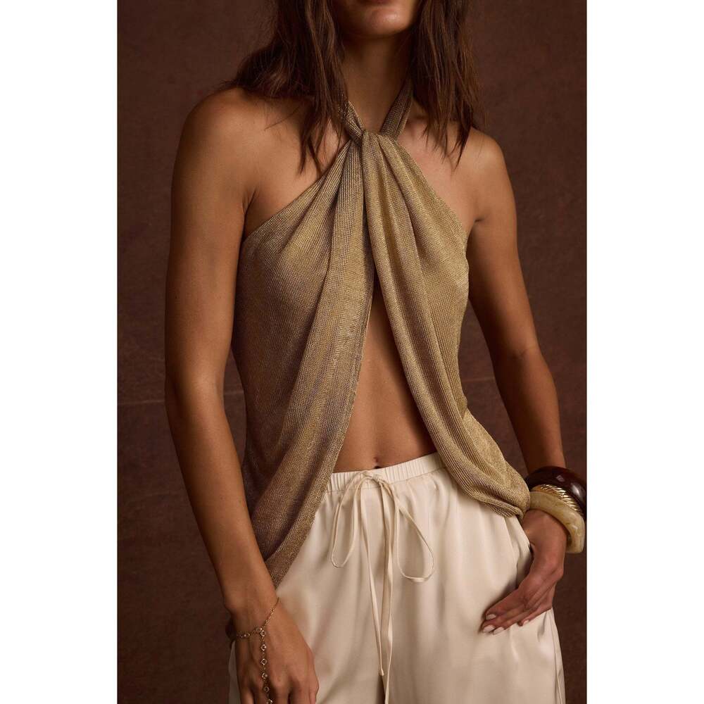 12th Tribe Moonlit Kiss Gold Lurex Halter Top Size MM - Picture 2 of 3